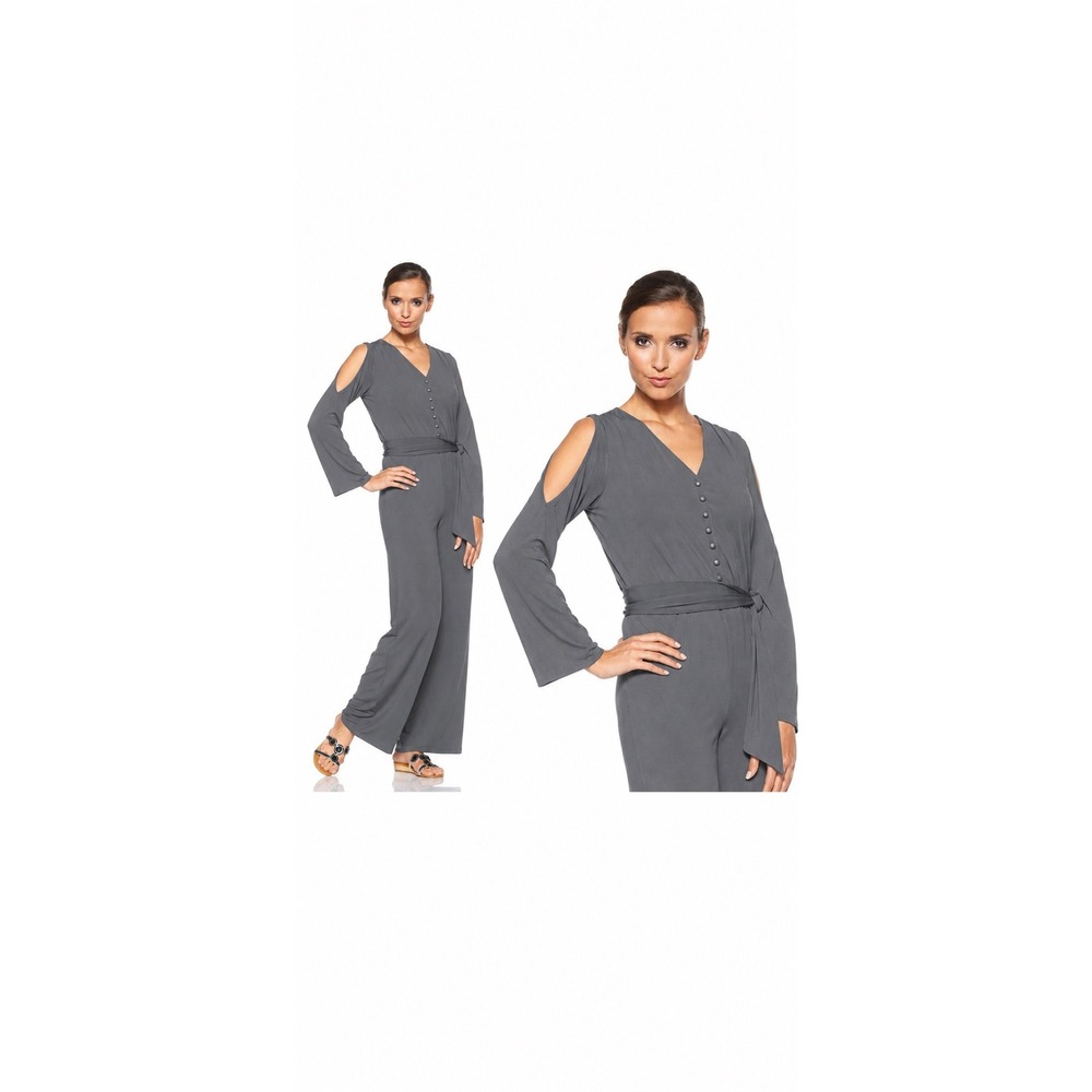 Hot in Hollywood Jumpsuit Gray Cold Shoulder Wide Leg Button V-Neck Chic Size M